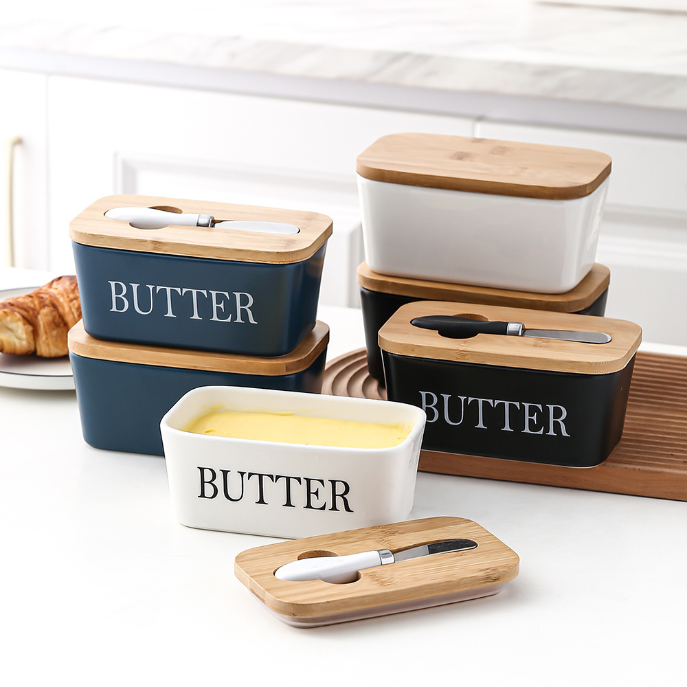 6a932302-9432-4726-9ac1-81d1d2f887d2.jpg Butter Box Sealed Can Butter Bamboo Cover Cheese With Knife - Image 1